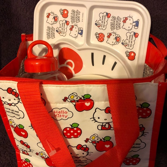 Sanrio Hello Kitty Plate Water Bottle Musubi Rice Maker Lunch Bag Set 5 Pc - Picture 2 of 13